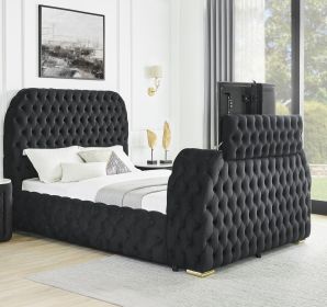 1pc Luxurious Comfort Innovative Design King Bed Deeply Tufted Headboard Upholstered Black Velvet Television Lift Built-in Electric Fireplace Bed