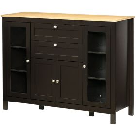Buffet Cabinet Sideboard with 2 Drawers, 3 Storage Cabinets, Glass Doors and Adjustable Shelves, Dark Brown